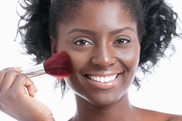 Portrait Happy Young Woman Applying Blush White Background — Stock Photo, Image