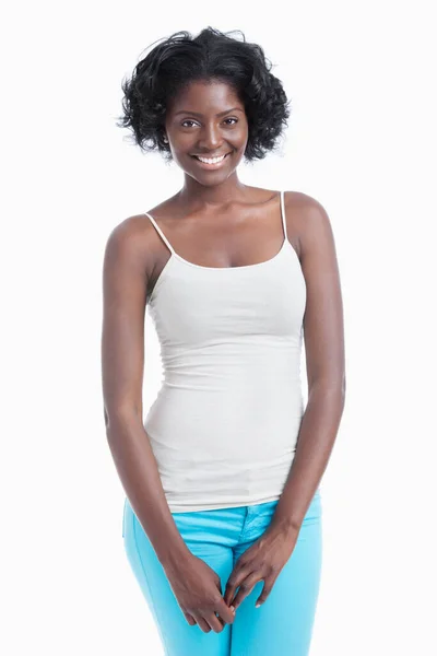 Retrato Una Joven Afroamericana Pie Sobre Fondo Blanco — Foto de Stock