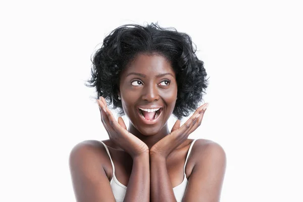 Portrait Une Jeune Femme Surprise Criant Sur Fond Blanc — Photo