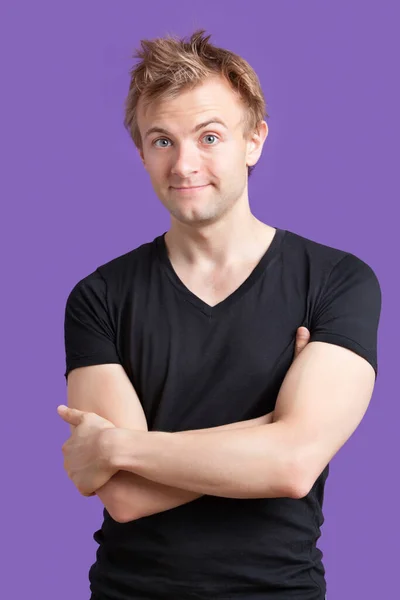 Portrait Young Man Arms Crossed Standing Violet Background — Stock Photo, Image