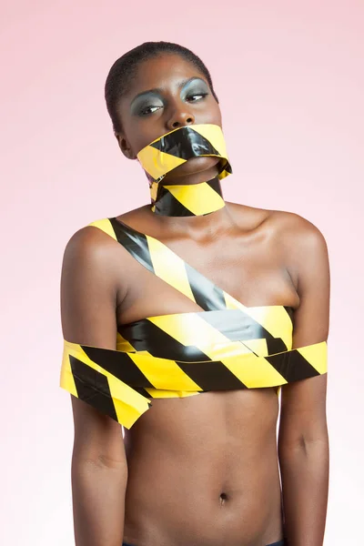 Portrait African American Woman Wearing Black Yellow Warning Tape — Stock Photo, Image