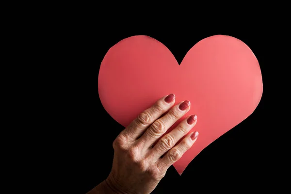 Portrait Senior Woman Holding Red Heart Shaped Paper Studio — Stock Photo, Image