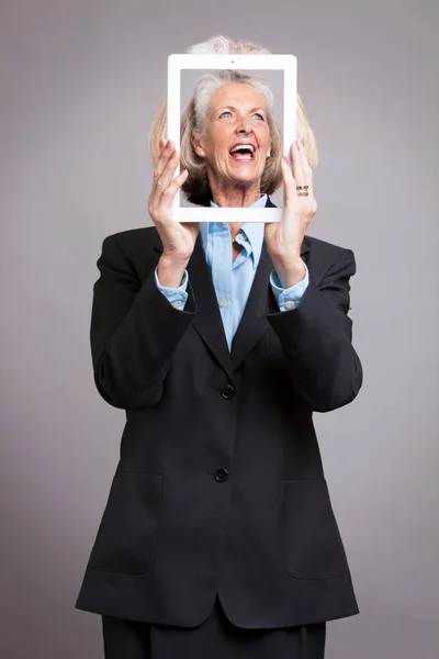 Portrait Senior Businesswoman Posing Picture Frame — Stock Photo, Image