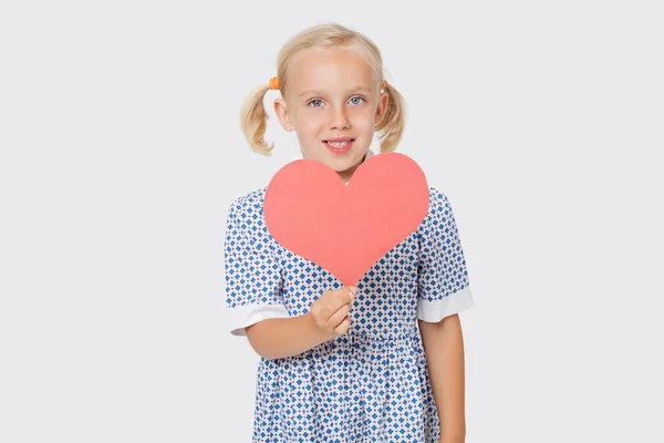 Portrait Happy Young Girl Holding Pink Paper Heart White Background — Stock Photo, Image