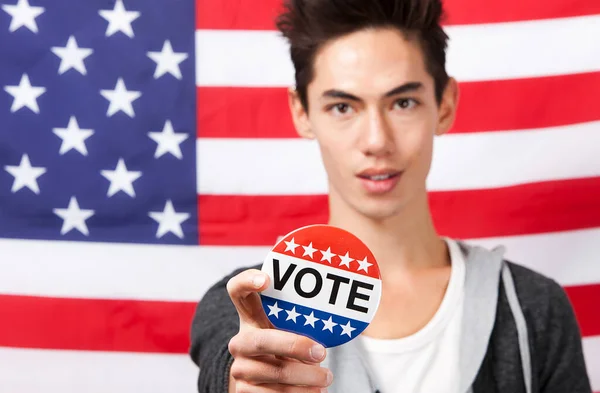 Portrait Young Man Displaying Vote Badge American Flag — Stock Photo, Image