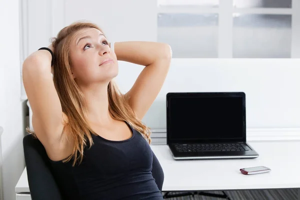 Portrait Young Businesswoman Hands Head Sitting Front Desk Office — Stock Photo, Image