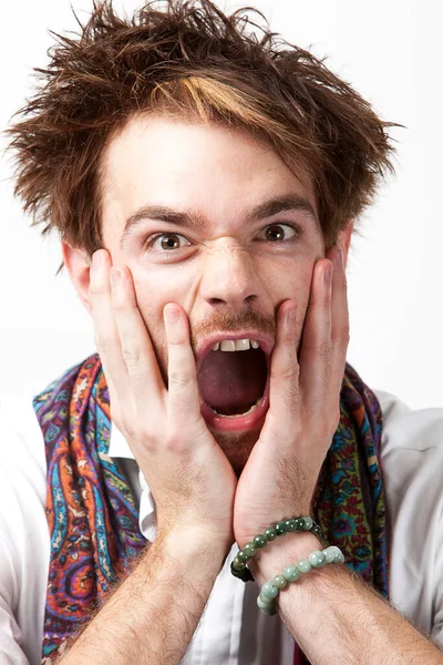 Portrait Angry Young Man Screaming White Background — Stock Photo, Image