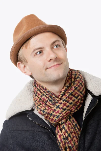 Happy Young Caucasian Man Warm Clothing Looking Away White Background — Stock Photo, Image