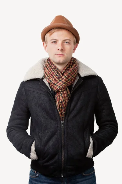 Portrait Young Caucasian Man Warm Clothing Standing White Background — Stock Photo, Image