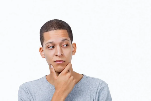 Confused Young Mixed Race Man Hand Chin White Background — Stock Photo, Image