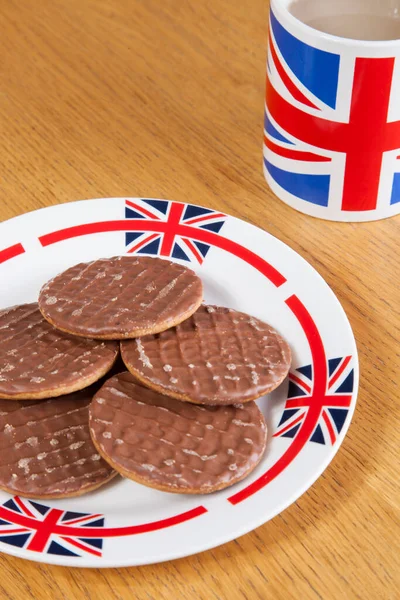 Шоколадне Печиво Тарілці Британським Чашкою Кави — стокове фото