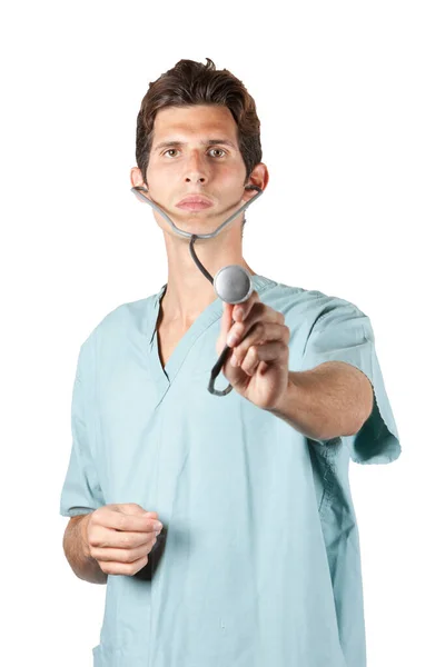 Portrait Young Attractive Doctor Holding Stethoscope — Stock Photo, Image