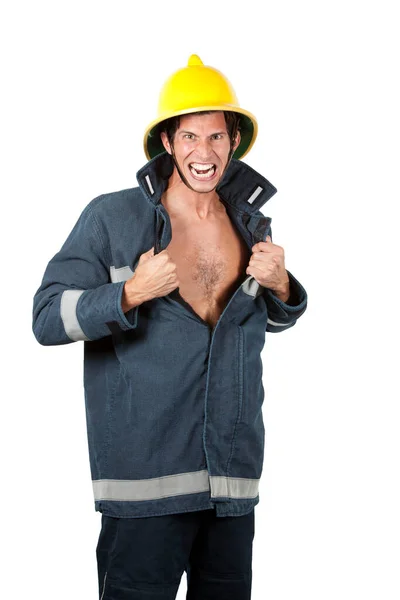 Ritratto Vigile Del Fuoco Caldo Posa Uniforme — Foto Stock