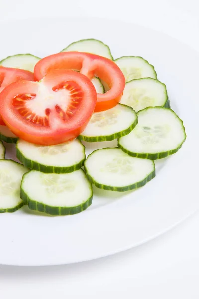Close Sliced Tomatoes Cucumbers Plate — Stock Photo, Image