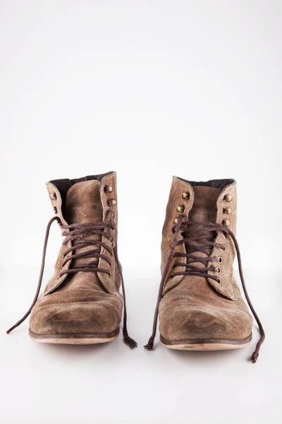 Pair Brown Boots Untied Laces White Background — Stock Photo, Image