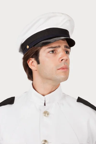 Young Navy Officer Looking Away Gray Background — Stock Photo, Image