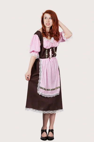 Young Confused Woman Maid Costume Standing Gray Background — Stock Photo, Image