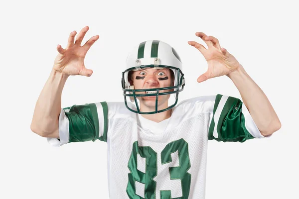 Retrato Joven Enojado Uniforme Fútbol Gestos Sobre Fondo Gris — Foto de Stock