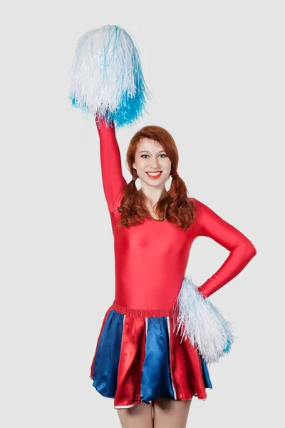 Portrait Happy Young Woman Cheer Leader Costume Standing Gray Background — Stock Photo, Image