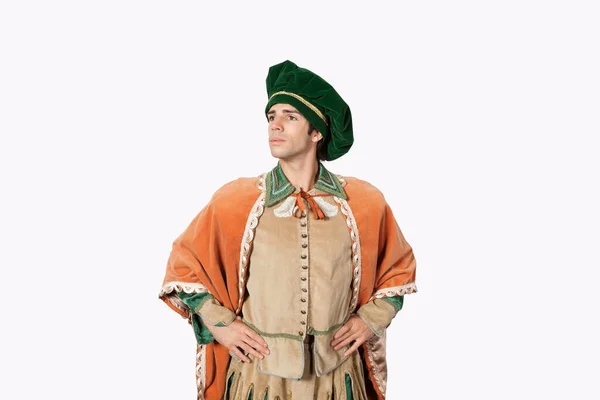 Ragazzo Riflessivo Costume Vecchio Stile Con Mani Sui Fianchi Sullo — Foto Stock