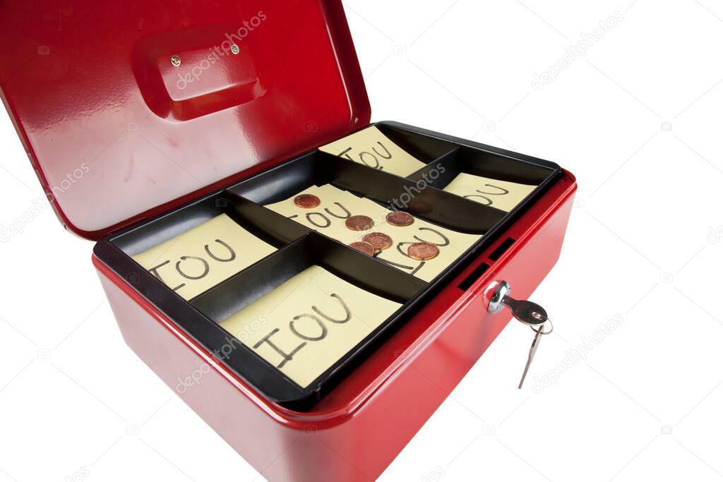 Open box with IOU notes and coins over white background