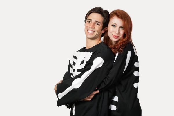 Portrait Couple Skeleton Costume Gray Background — Stock Photo, Image