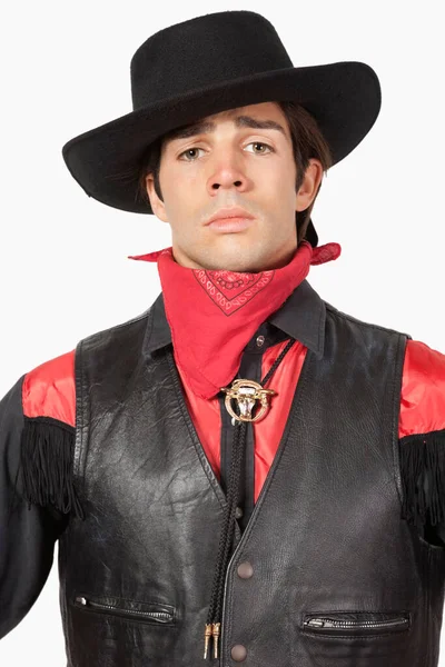 Jovem Cowboy Colete Couro Preto Contra Fundo Branco — Fotografia de Stock