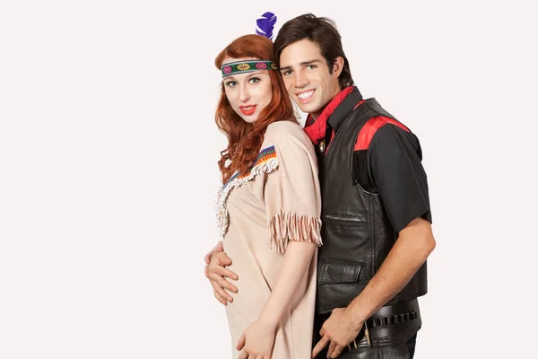 Portrait Young Couple Old Fashioned Costumes Smiling Gray Background — Stock Photo, Image