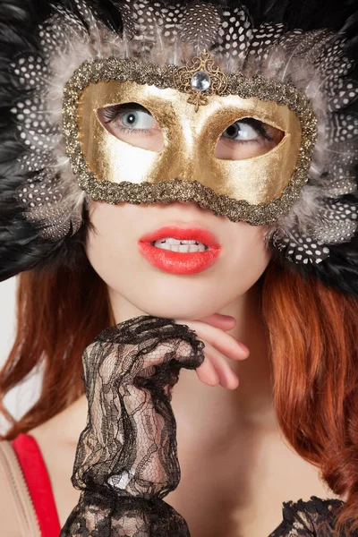 Young Woman Feathered Eye Mask Looking Away — Stock Photo, Image