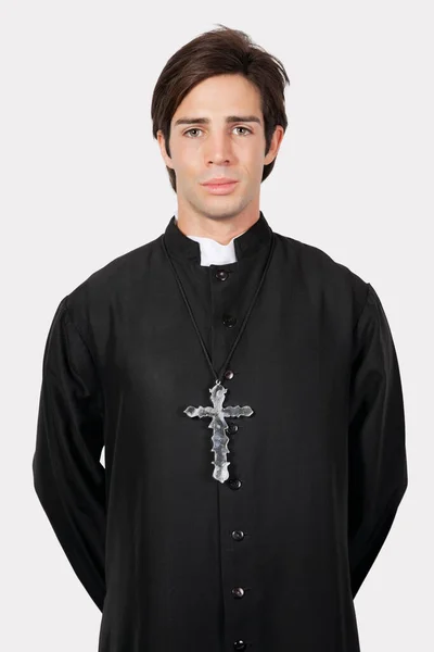Portrait Young Man Priest Costume Gray Background — Stock Photo, Image