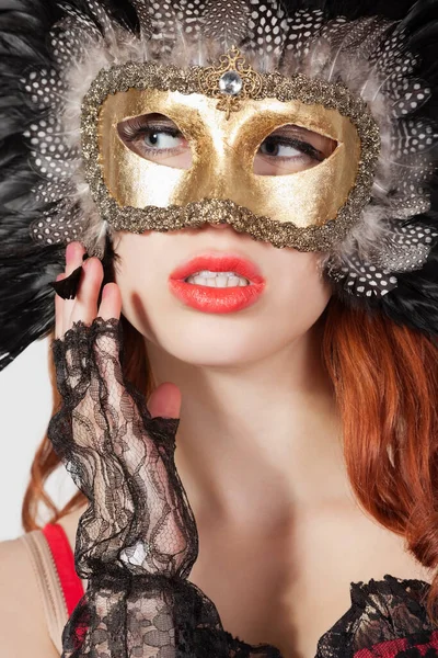 Young Woman Feathered Eye Mask Looking Away Gray Background — Stock Photo, Image