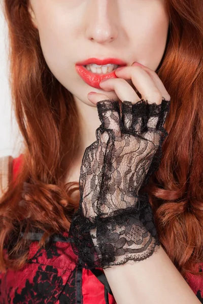 Cropped View Young Woman Wearing Retro Styled Lace Gloves Hand — Stock Photo, Image