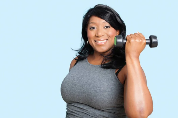 Portrait Mixed Race Woman Lifting Weights Blue Background — Stock Photo, Image