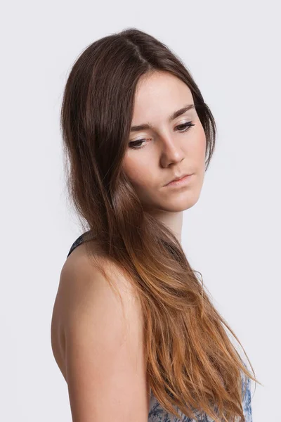 Thoughtful Young Woman White Background — Stock Photo, Image