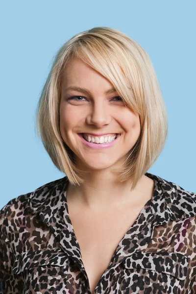 Portrait Beautiful Young Woman Smiling Blue Background — Stock Photo, Image