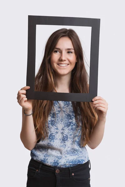Portrait Young Woman Smiling Frame White Background — Stock Photo, Image
