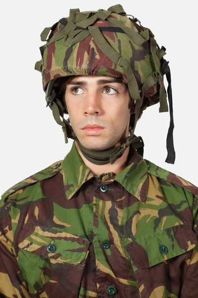 Close Young Soldier Gray Background — Stock Photo, Image