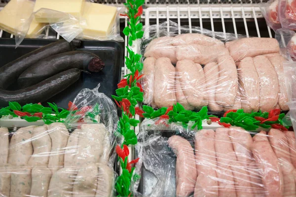 Close Sausages Sale Background — Stock Photo, Image