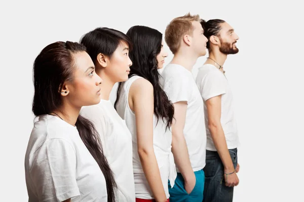 Side View Young Multi Ethnic Friends Casuals White Background — Stock Photo, Image