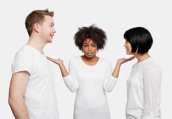 Portrait Young African American Woman Being Ignored Friends White Background — Stock Photo, Image