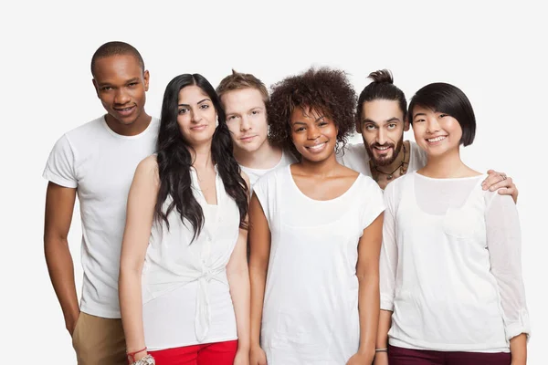 Portrait Young Multi Ethnic Friends Smiling Together White Background — Stock Photo, Image