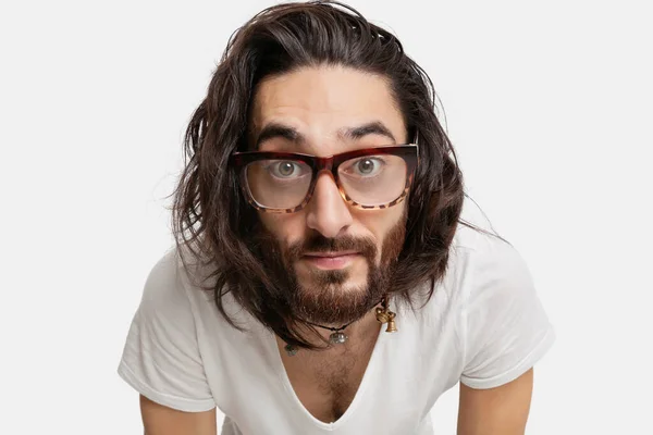 Portrait Young Asian Man Eyeglasses Staring White Background — Stock Photo, Image