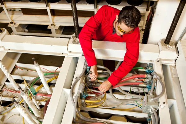 Overhead View Technician Repairing Water Pump Piece Industrial Equipment — Stock Photo, Image