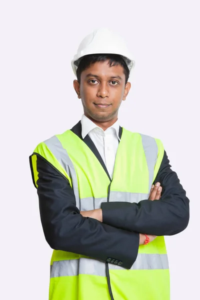 Portrait Confident Asian Architect Wearing Reflective Vest White Background — Stock Photo, Image