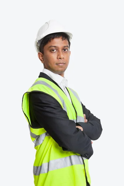 Portrait Confident Asian Architect Wearing Reflective Vest White Background — Stock Photo, Image