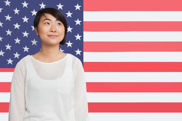 Thoughtful Asian Woman Looking Away American Flag — Stock Photo, Image