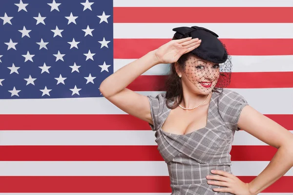 Portrait Young Caucasian Woman Veiled Hat Saluting American Flag — Stock Photo, Image