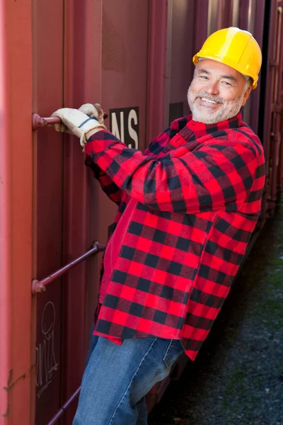 Middle Aged Worker Standing Industrial Railway Carriage — Stock Photo, Image