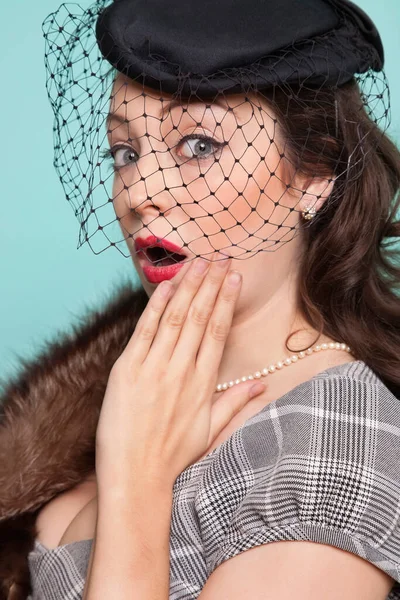 Portrait Shocked Young Woman Wearing Veiled Hat Fur Boa Blue — Stock Photo, Image