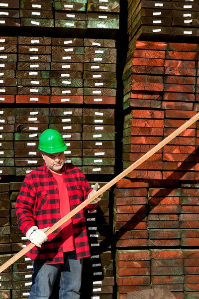 Worker inspecting wood in front of hard wood pile